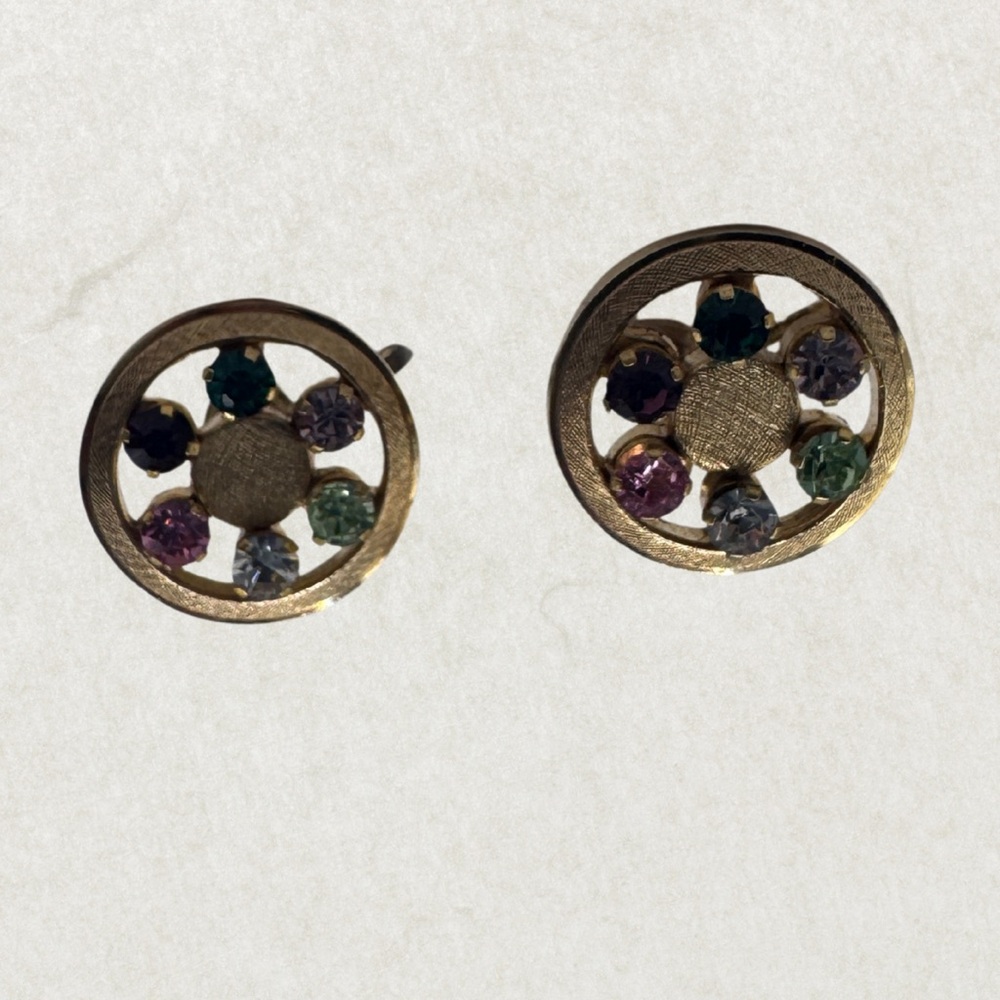 Anson Rainbow Crystal Clips Earrings – 1950s Gold-Plated Sterling